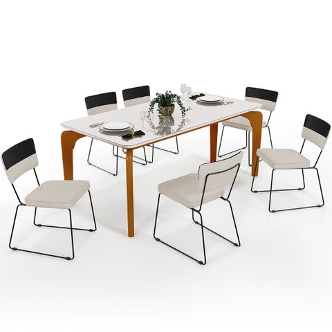 Mesa Capri 160cm Off White Com 6 Cadeiras Allana B05 Faixa Corano Preto Linho Champagne - Lyam