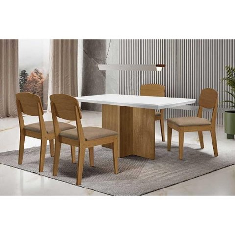 Conjunto Mesa e 4 Cadeiras Berlim Curvo + Havana Naturale Moderno MDF Tecido Off White Móveis