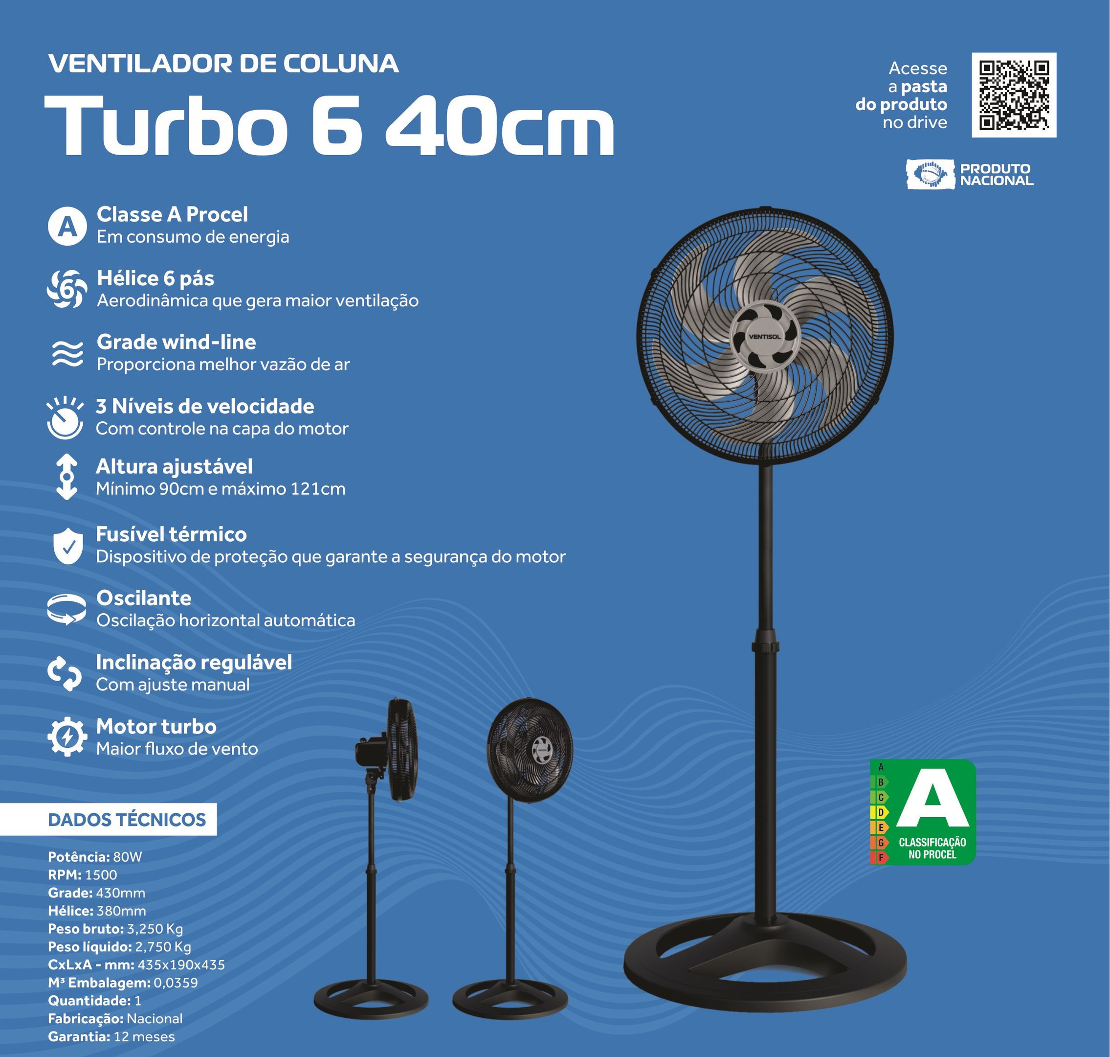 Ventilador de Coluna Ventisol Turbo 6 Preto com 6 Pás Cinza 40 Cm Diâmetro 127v - 9