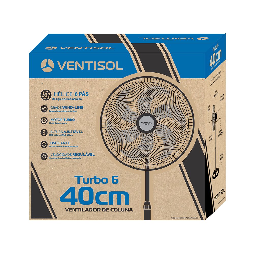 Ventilador de Coluna Ventisol Turbo 6 Preto com 6 Pás Cinza 40 Cm Diâmetro 127v - 8