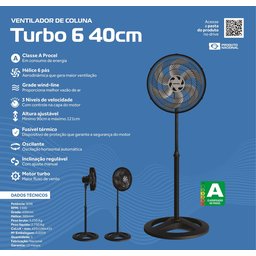 Ventilador de Coluna Ventisol Turbo 6 Preto com 6 Pás Cinza 40 Cm Diâmetro 220v - 9
