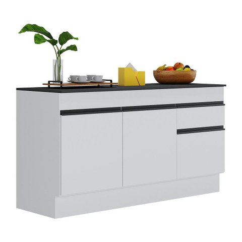 Balcão Cozinha Gabinete Pia 150cm com Rodapé 3 Portas 1 Gaveta Veneza Multimóveis V2107 Branco/Preto