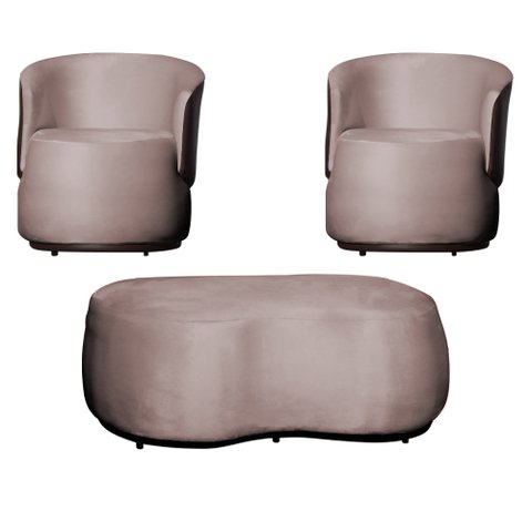 Kit 02 Poltronas e 01 Puff Decorativo Beatriz Veludo Rosê/pu Marrom - Montanaris Decor
