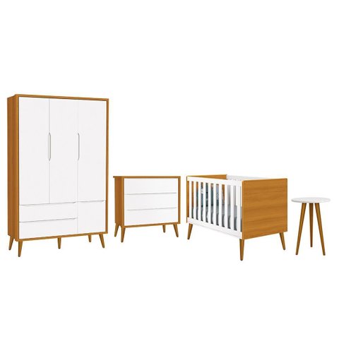 Dormitório Infantil Theo Retrô 3 Portas, Cômoda, Berço e Mesa de Apoio Branco/Savana com Pés