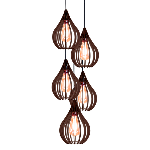 Combo 5 Pendentes Chile, Luminária de Teto Cozinha e Sala, Lustre Gota Rústico em Madeira MDF (18x25