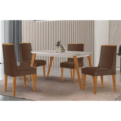 Conjunto: Mesa de Cozinha Havana Canto Curvo 120cm + 4 Cadeiras Dakota Naturale/off White - Suede