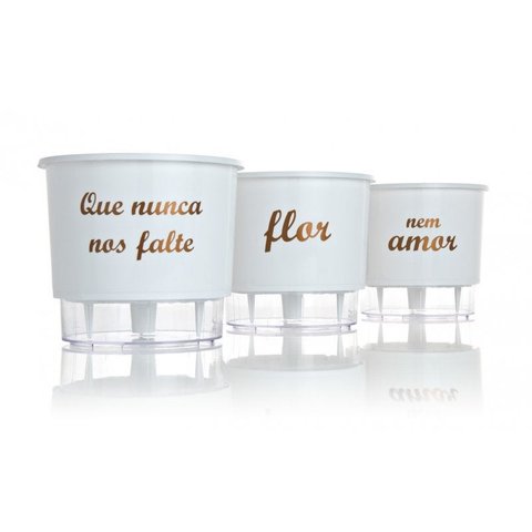Conjunto 3 Vasos Autoirrigáveis Pequeno Coleção Wishes N2 FLOR E AMOR cor Branco
