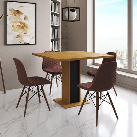 Mesa Jantar Londres Quadrada Canela 90cm Base Preta 4 Cadeiras Eames Estofadas Caramelo Madeira