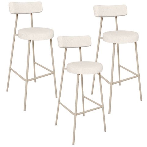 Kit 03 Banquetas Alta Bar Cozinha Sala de Jantar Aço Milão Arena L02 Linho Cru - Lyam Decor