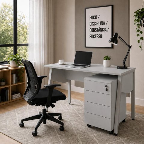 Mesa Escrivaninha 120cm x 60cm Tampo Chanfrado e Gaveteiro Móvel com 4 Gavetas F5 Office Cor:Cinza
