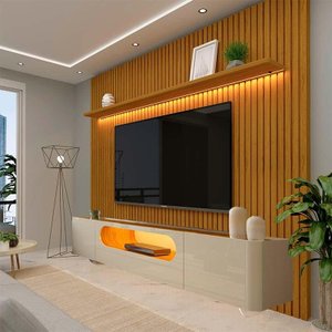 Rack Nobre Pés Vidro Com Painel Ripado Nobre TV 85 Pol 230x250 Gelius Naturale/Off White