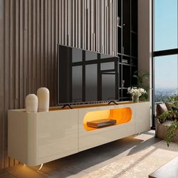 Rack Nobre Pés Vidro Com Painel Ripado Nobre TV 85 Pol 230x250 Gelius Naturale/Off White - 5