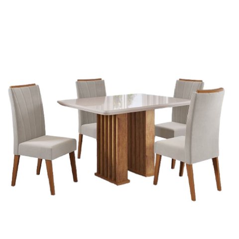 Conjunto de Mesa Sala de Jantar Ripado Tampo com Vidro Mond 1,20m 4 Cadeiras Sofia Madeirado Veludo