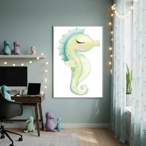 Quadro Decorativo Cavalo Marinho Verde 70x50cm Mold Preta