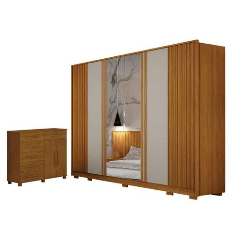 Guarda Roupa Casal Evo 6 Portas com Espelho Cinamomo e Off-white com Cômoda São Paulo 6 Gavetas 2 Po