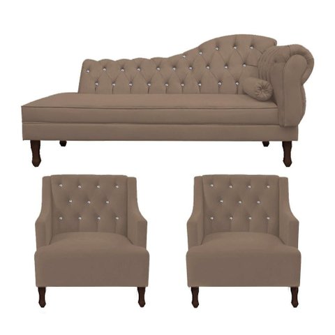 Kit Divã Cancun 185cm Braço Esquerdo + 2 Poltronas Genesis com Strass Suede: Capuccino