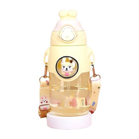 Garrafa 520ml Amarela Infantil com Coelhinho Alça Canudo Anti Vazamento e Adesivos para Crianças:ama