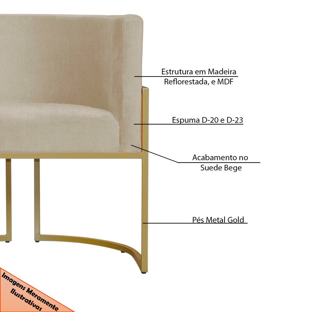 Kit 3 Poltronas Decorativa Sala de Estar Luana Base Gold Suede Bege - Montanaris Decor Md Montanaris - 6