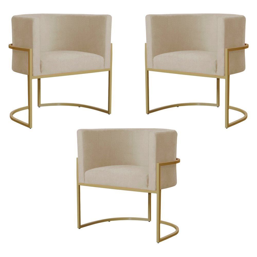 Kit 3 Poltronas Decorativa Sala de Estar Luana Base Gold Suede Bege - Montanaris Decor Md Montanaris - 1