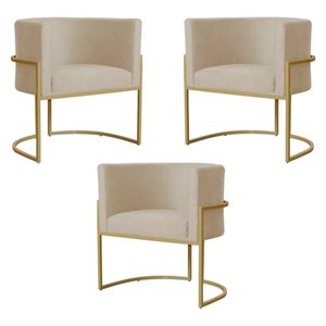 Kit 3 Poltronas Decorativa Sala de Estar Luana Base Gold Suede Bege - Montanaris Decor Md Montanaris