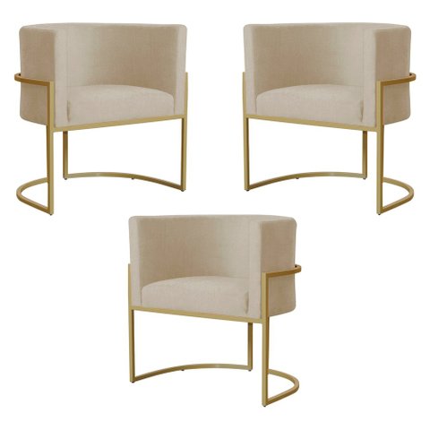 Kit 3 Poltronas Decorativa Sala de Estar Luana Base Gold Suede Bege - Montanaris Decor Md Montanaris