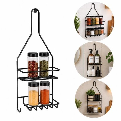 Suporte Organizador Multiuso Porta Shampoo Duplo Aço Pintura Anticorrosão Banheiro Cozinha Preto