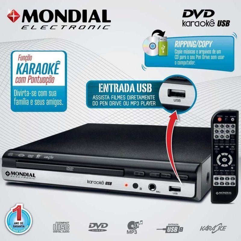 DVD Player Mondial D-15 Com Karaokê, Entrada USB e Ripping