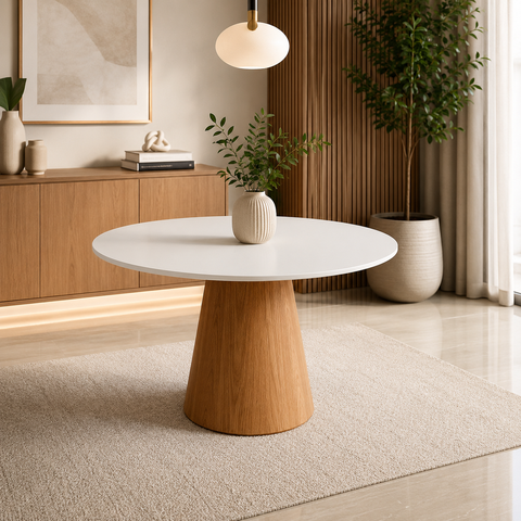 Mesa de Jantar Redonda 100cm Laca Branca - Base Cone Freijó