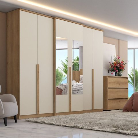 Guarda-Roupa Casal 6 Portas 4 Gavetas com Espelho 261x60x230cm Valência Off White Capuccino/Off White