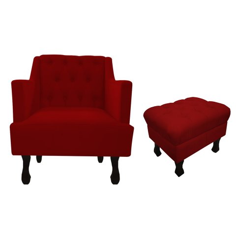 Kit Poltrona Decorativa Julia + Puff Luis Xv Suede Vermelho Pés Madeira Mz Decor