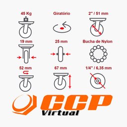 Rodizios Fixo 2'' com Placa e Freio Capacidade até 45kg - Colson - 2