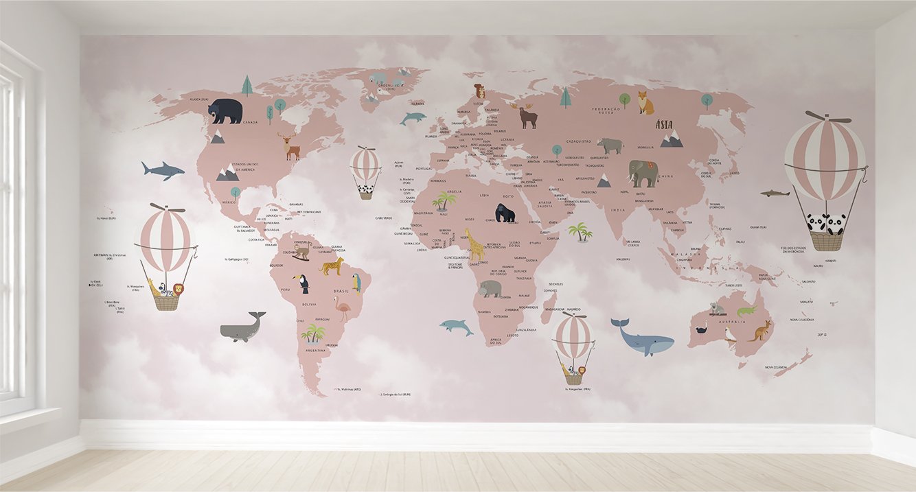 Papel de parede infantil mapa mundi rosa para quarto de bebê M² PP74