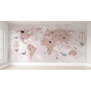 Papel de parede infantil mapa mundi rosa para quarto de bebê M² PP74