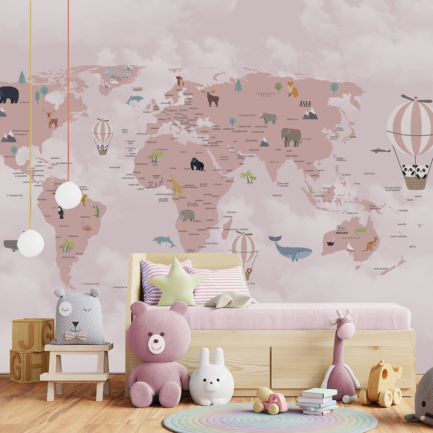 Papel de parede infantil mapa mundi rosa para quarto de bebê M² PP74 - 3