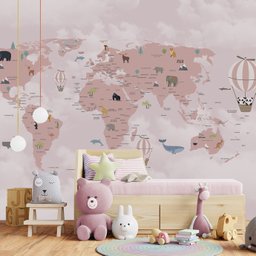 Papel de parede infantil mapa mundi rosa para quarto de bebê M² PP74 - 3