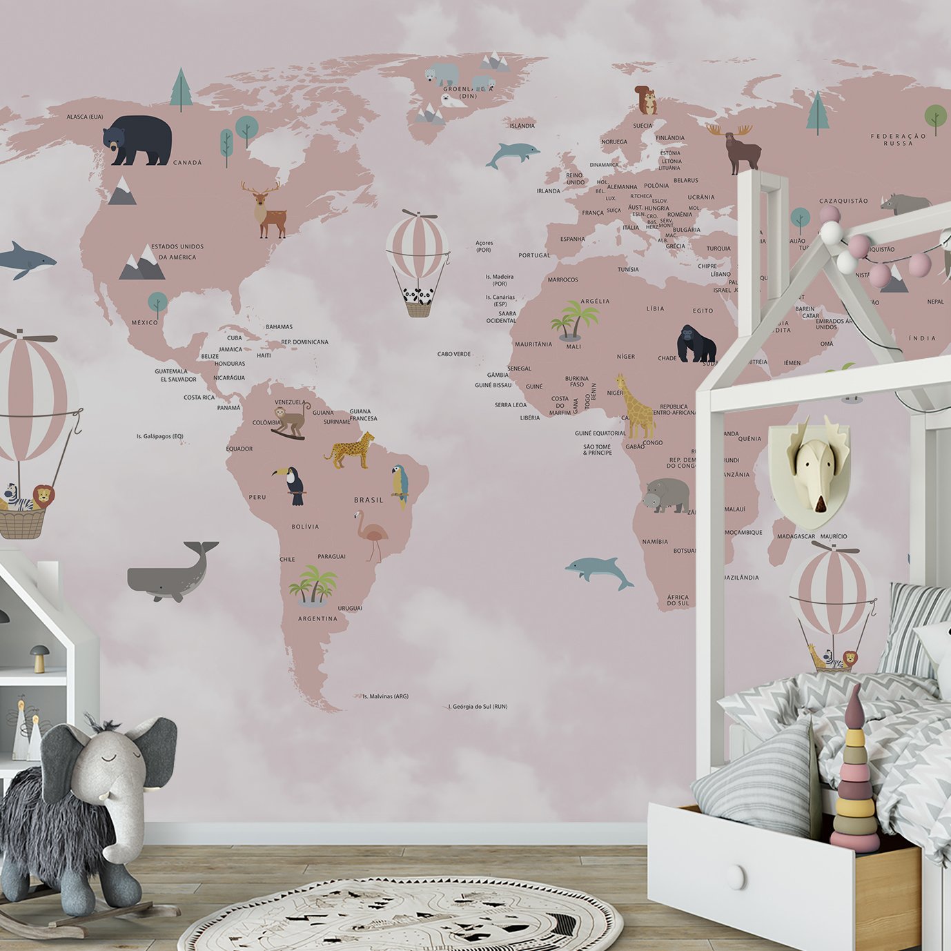 Papel de parede infantil mapa mundi rosa para quarto de bebê M² PP74 - 5