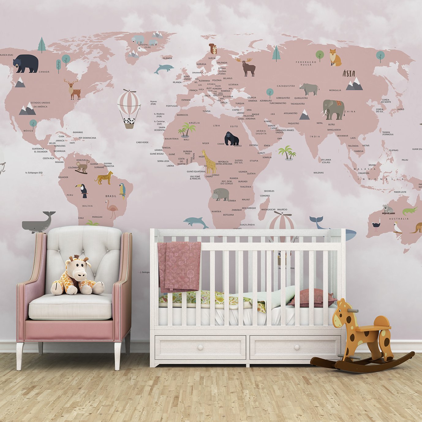 Papel de parede infantil mapa mundi rosa para quarto de bebê M² PP74 - 4