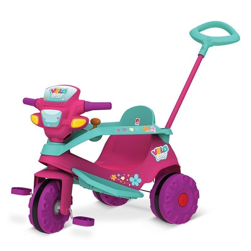 Triciclo Infantil Passeio e Pedal Velobaby com Empurrador Rosa