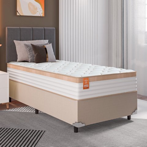 Cama Box Solteiro Colchão Molas Ensacadas Real 88x188x65cm Branco / Bege - Suporta até 130Kg