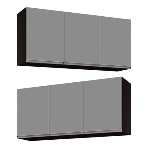 Kit 2 Armários Aéreo de Cozinha Lavanderia 03 Portas Tina 120 cm - D’Rossi Preto e Cinza