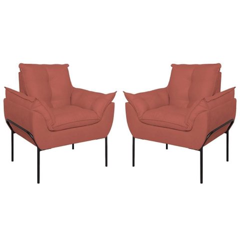 Kit 02 Poltronas Base Metal Preto Sala Quarto Balaqui Decor Rosa