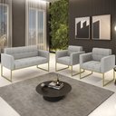 Ver imagem 2 de Sofá Namoradeira e 2 Poltronas Base Industrial Dourado Ana Veludo Cinza - Ibiza