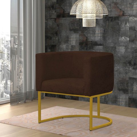 Poltrona Reforçada Decorativa Sala Estar Jantar Gabriela Base Ferro Dourado Suede Marrom