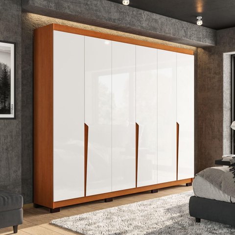 Roupeiro Casal Porto com 6 Portas 4 Gavetas 242x214cm Freijó/Branco 240825