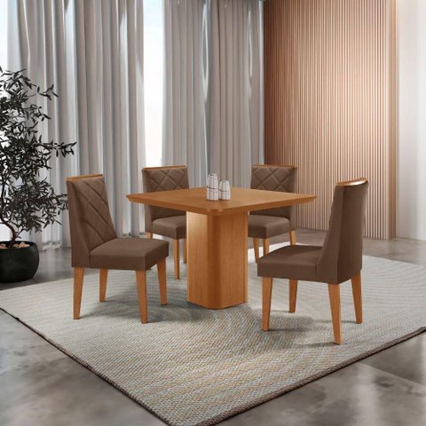 Mesa de Jantar Eloise Canto Copo 4 Cadeiras Isadora Moderna Veludo Marrom/naturalle