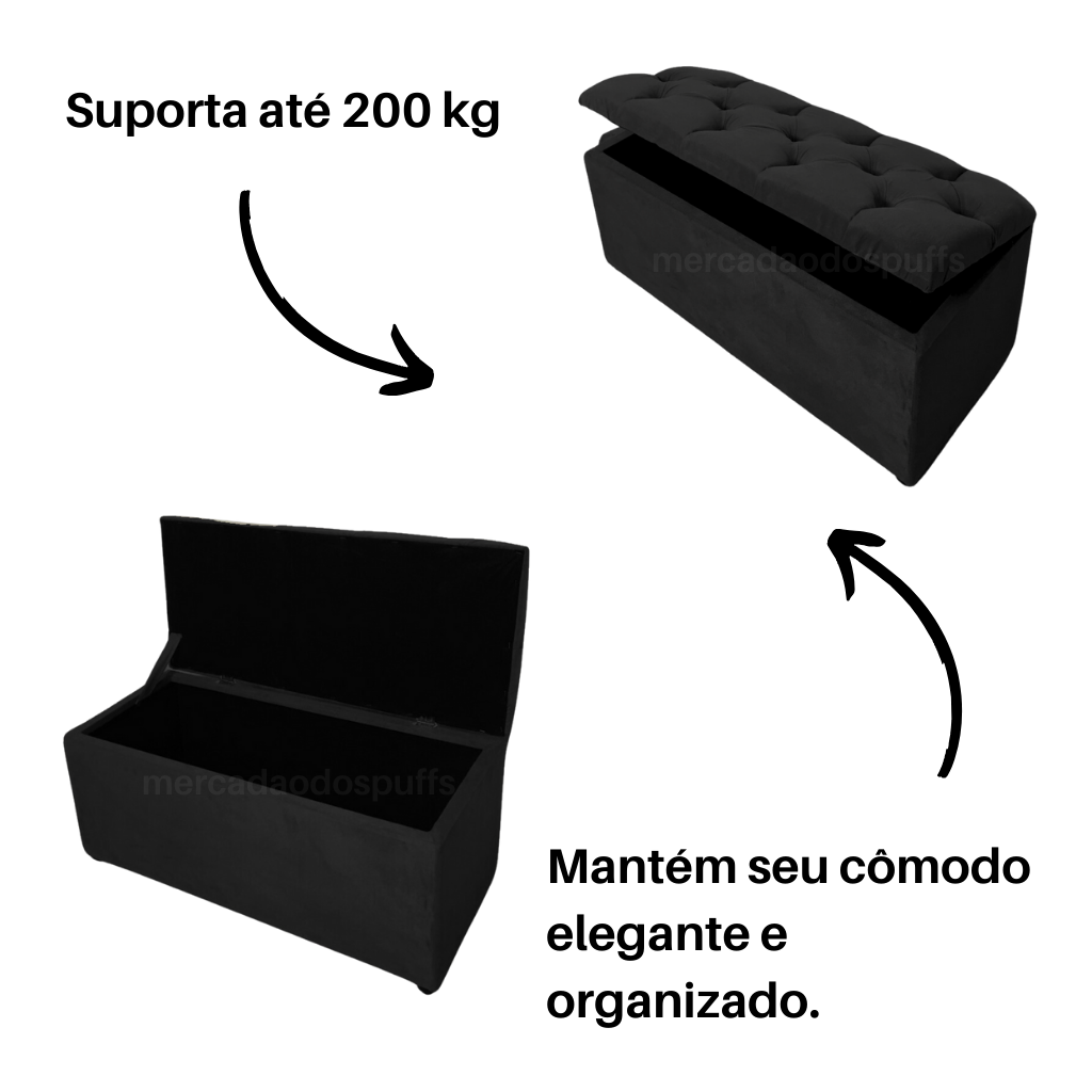 Bau Solteiro Capitonê Pé de Cama Decoração Guarda Objetivos Sapateira - Preto - 3