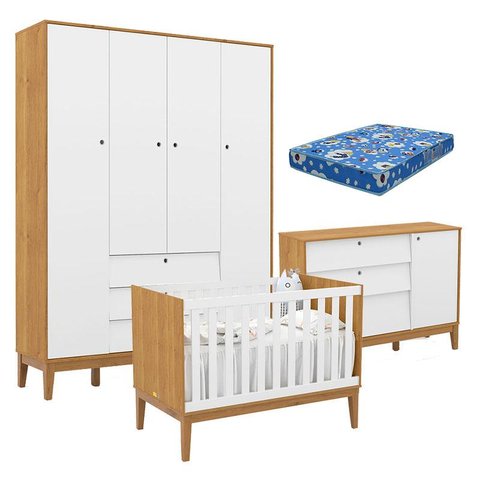 Quarto de Bebe Unique 4 Portas com Cômoda Sapateira Freijó Branco Soft Eco Wood e Colchão Ortobom - 
