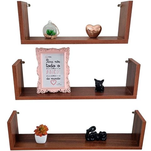Kit 3 Prateleiras em U 20/30/40 de Mdf Imbuia Parede Sala, Quarto e Escritório