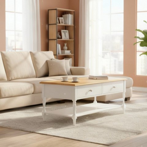 Mesa de Centro 2 Gavetas 100cm Tampo de Madeira Maciça e Pés Torneados Louise