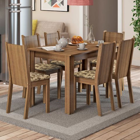 Conjunto Sala de Jantar Madesa Maris Mesa Tampo de Madeira com 6 Cadeiras Rustic/Bege Marrom Cor:Rus